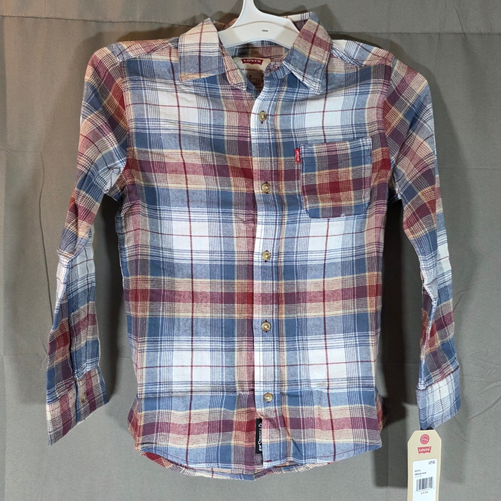 Levis Boys Red Pear Plaid Flannel Button Down Shirt Small 7-9 9MN986-RAR NWT
